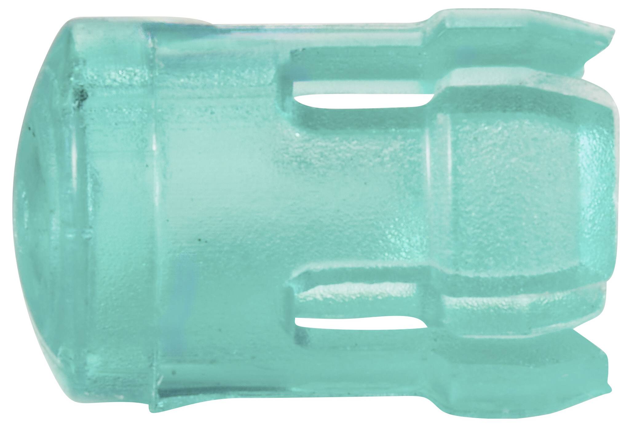 Průhledný tyrkysový plastový hmoždinka, zobrazený z bočního pohledu, pravděpodobně vhodný pro upevnění do stěny.