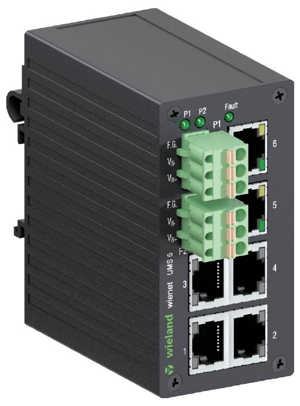 Průmyslový switch se šesti ethernetovými porty a dvěma zelenými napájecími konektory, vhodný pro síťové aplikace v průmyslovém prostředí.