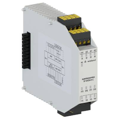 Bílá elektronická komponenta s několika konektorovými spoji a schématem na přední straně; je opatřena nápisem 'samosPRO SP-DIO84-K'.