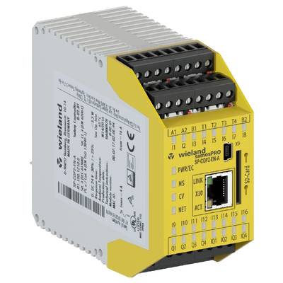 Elektronický bezpečnostní modul se žlutým krytem a několika konektory. Je viditelný firemní název 'Wieland Electric'.