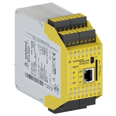 Žluté bezpečnostní reléové modul s několika přípojkami a popisky, včetně ethernetového připojení. Viditelná značka výrobce.