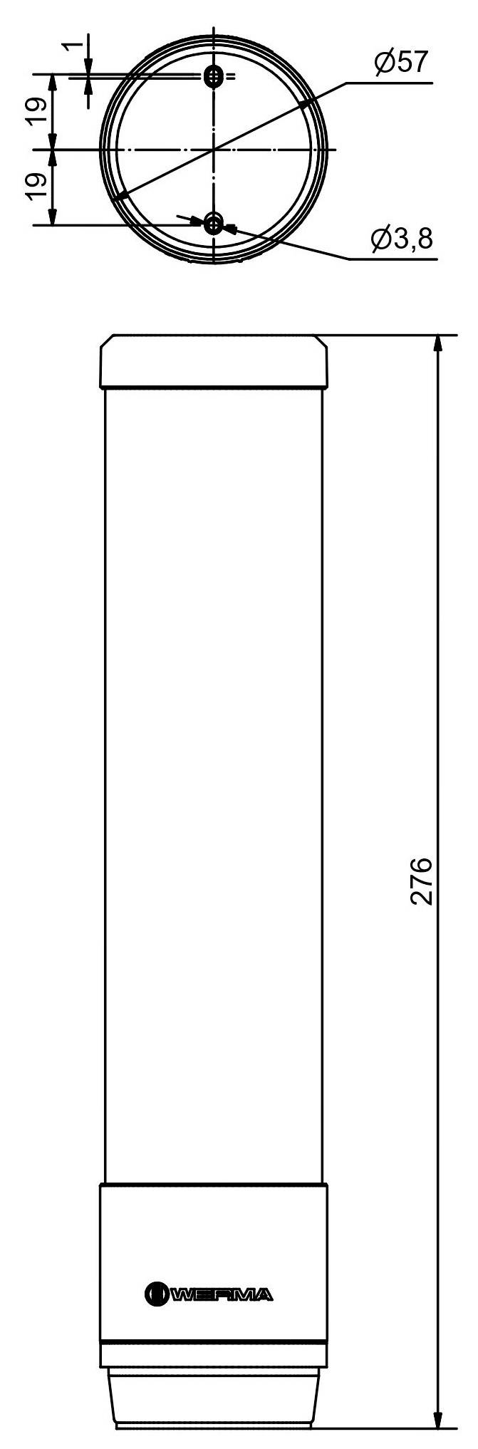 Technický výkres válcového objektu s rozměry. Nahoře pohled shora s údaji o průměru 57 mm a 3,8 mm. Výška 276 mm.
