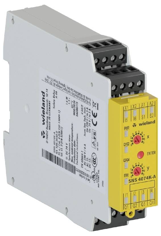 Bezpečnostní reléový modul od společnosti Wieland Electric, model SNS 4047K-A, s různými přípoji a možnostmi konfigurace.