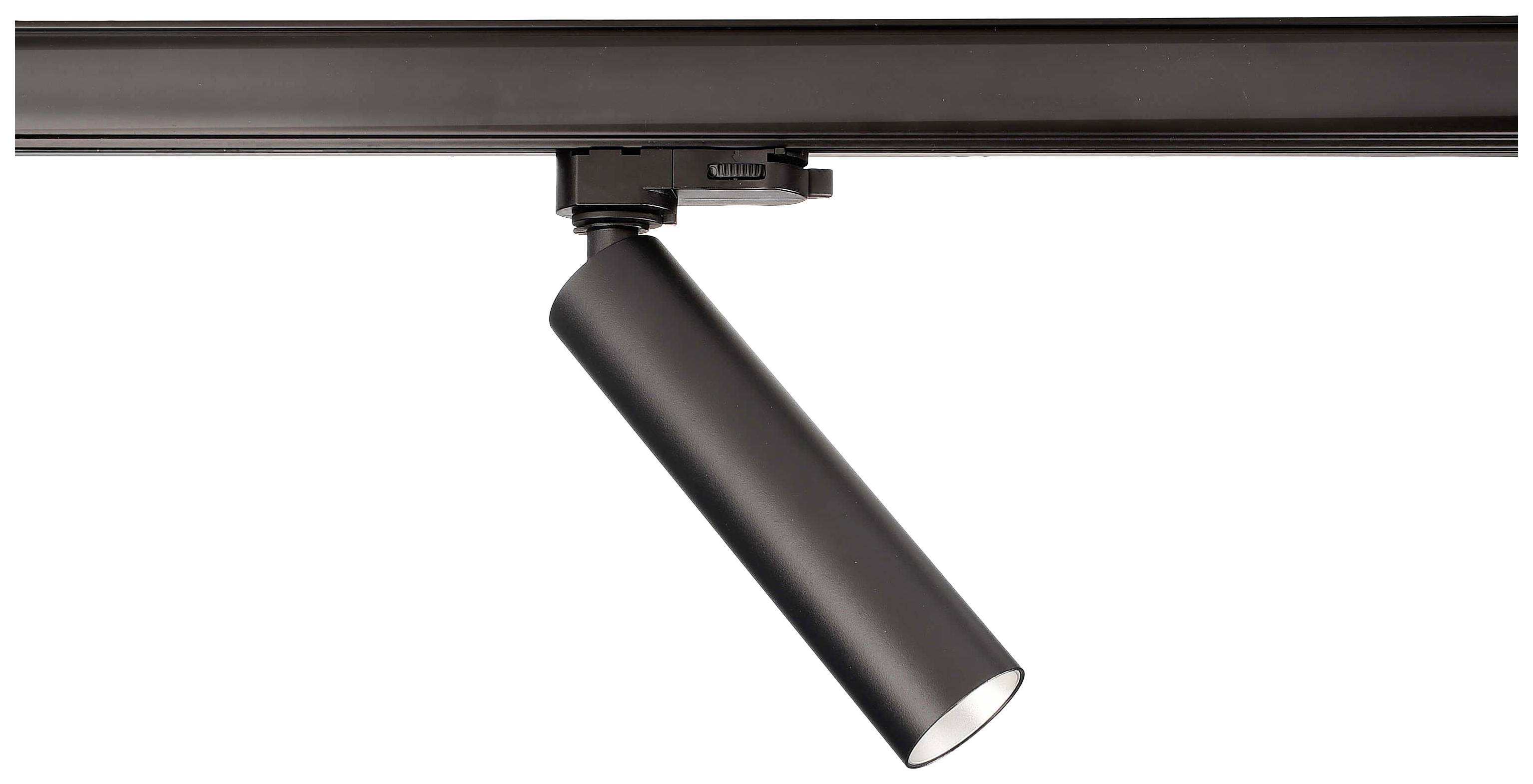 Černý LED reflektor na kolejnici, nakloněný šikmo dolů, pravděpodobně určený pro cílené osvětlení v interiéru.