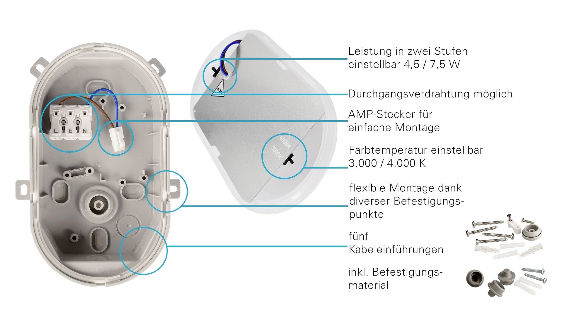'LED světelné zařízení se dvoustupňovým výkonem (4,5/7,5 W), zásuvka AMP, teplota chromatičnosti 3.000/4.000 K, flexibilní montáž, včetně upevňovacího materiálu.'