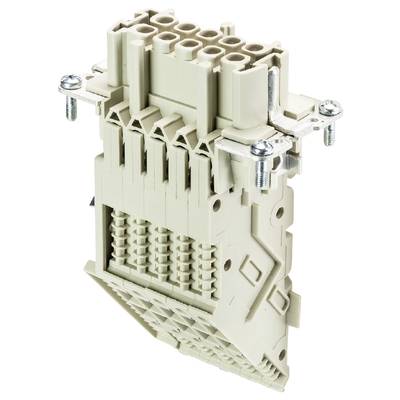 Béžový elektronický konektor s několika kulatými vstupy a šroubovacími svorkami pro upevnění.