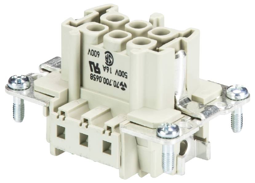 Elektrický konektor se šesti kontakty a šroubovým upevněním. Béžové pouzdro s kovovými kontakty a šrouby pro uchycení.