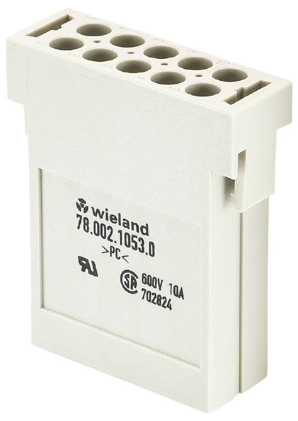 Elektrický konektor se zásuvkami a označením 'Wieland 78.002.1053.0'. Vhodný pro aplikace s napětím 600V, 10A.