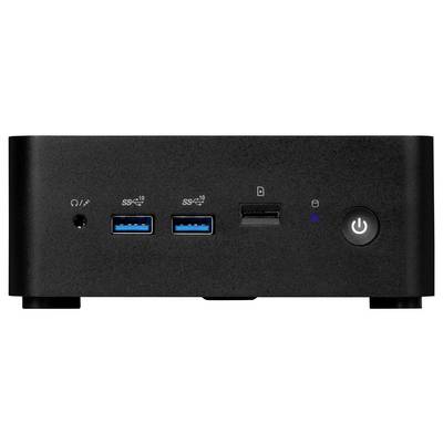 Černý mini počítač se dvěma USB porty, slotem na SD kartu a vypínačem na přední straně.