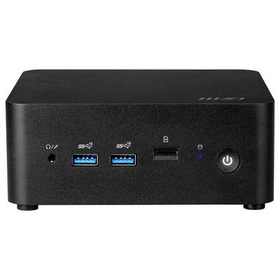 Černý mini stolní počítač se dvěma USB porty, konektorem pro sluchátka, slotem na paměťovou kartu a síťovým vypínačem.