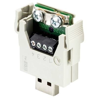 USB zařízení s krytem, který odhaluje šroubové svorky pro elektrické připojení.
