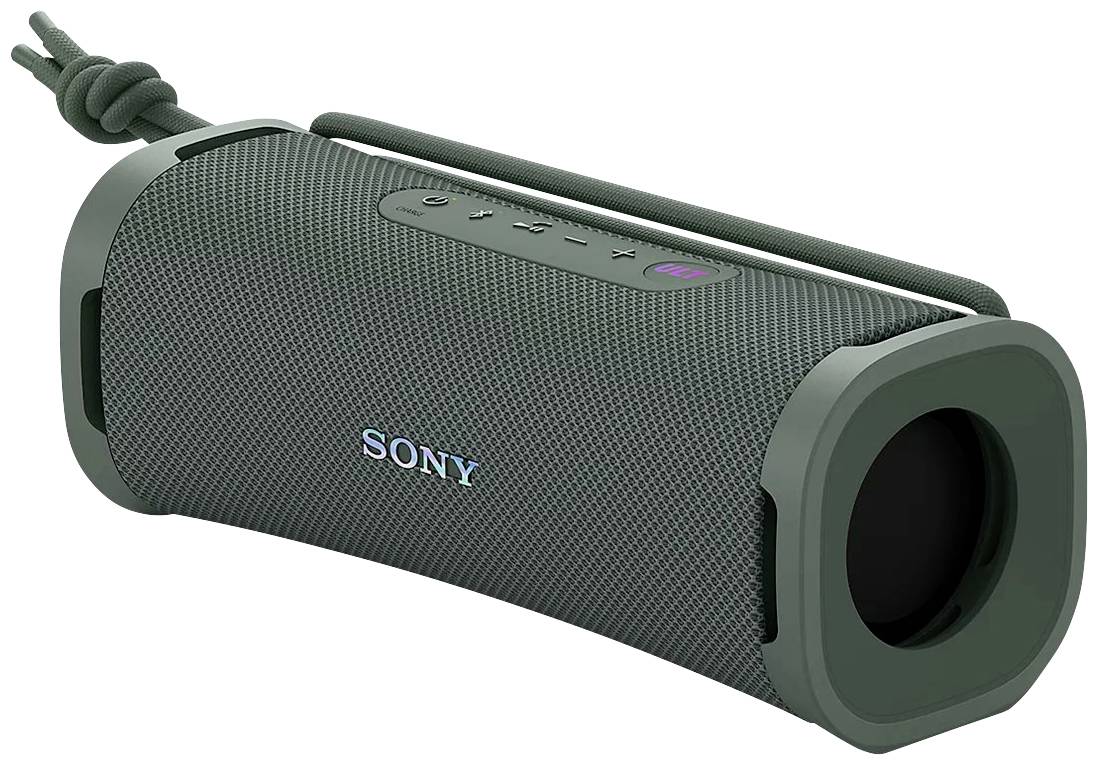 Přenosný šedý bluetooth reproduktor od Sony s mřížkovým designem, světelným indikátorem a závěsnou smyčkou.