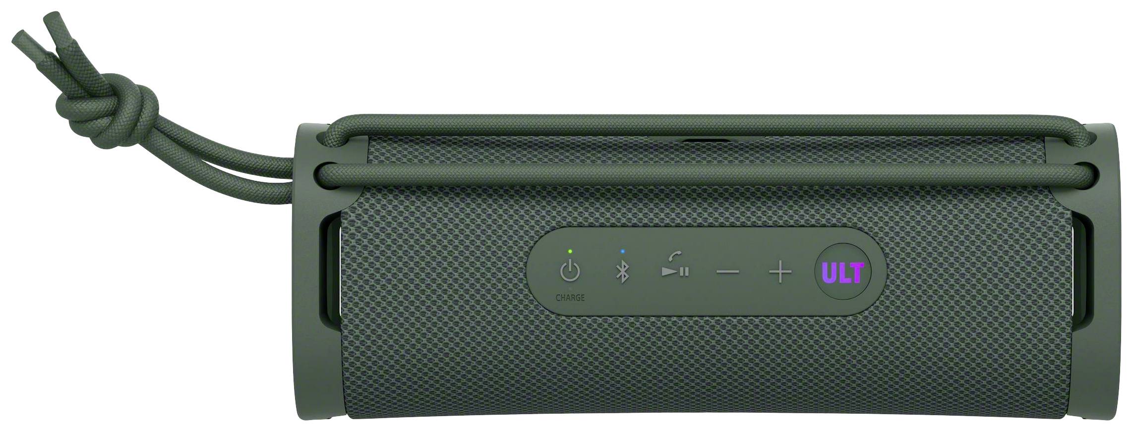 Přenosný černý bluetooth reproduktor s ovládacími tlačítky pro nastavení hlasitosti, bluetooth připojení a napájení na přední straně.