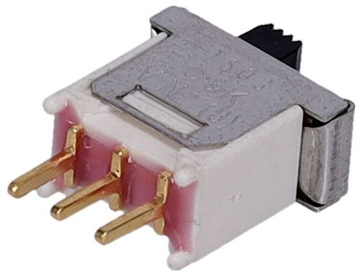 Malá stříbrná obdélníková elektronická součástka se třemi zlatými kolíky směřujícími dolů.