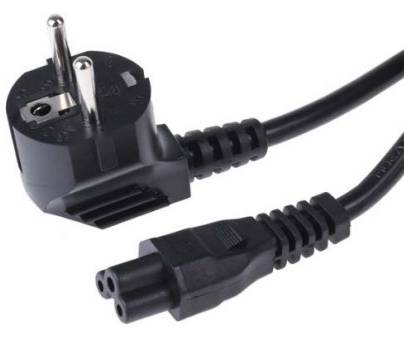 Černý síťový kabel s evropskou vidlicí a trojpólovým konektorem pro elektronická zařízení.