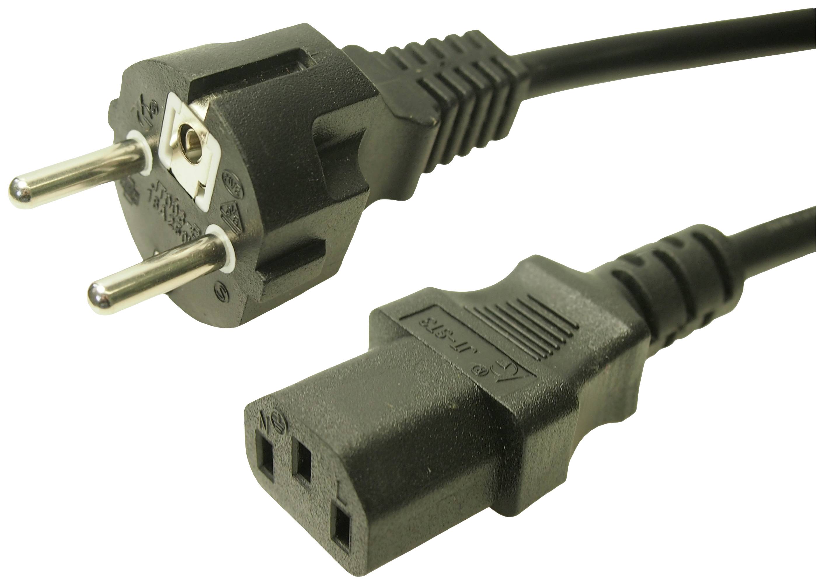 Černý síťový kabel s evropskou vidlicí vlevo a studenovým konektorem vpravo.