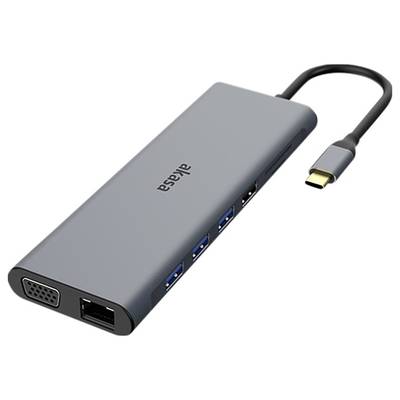 Šedý USB-C hub s několika porty: VGA, Ethernet a třemi USB porty.