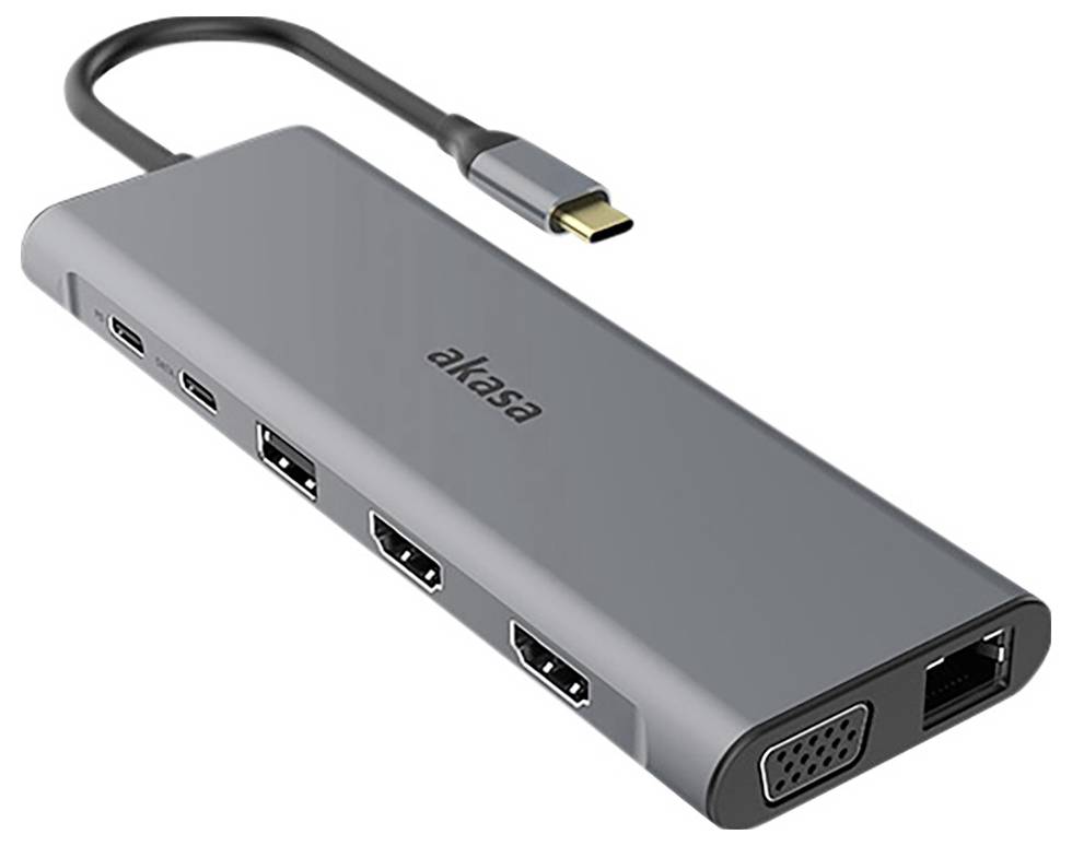 USB-C hub s několika porty: dva USB-C, dva HDMI, jeden VGA a jeden ethernetový port, vhodný pro notebooky.