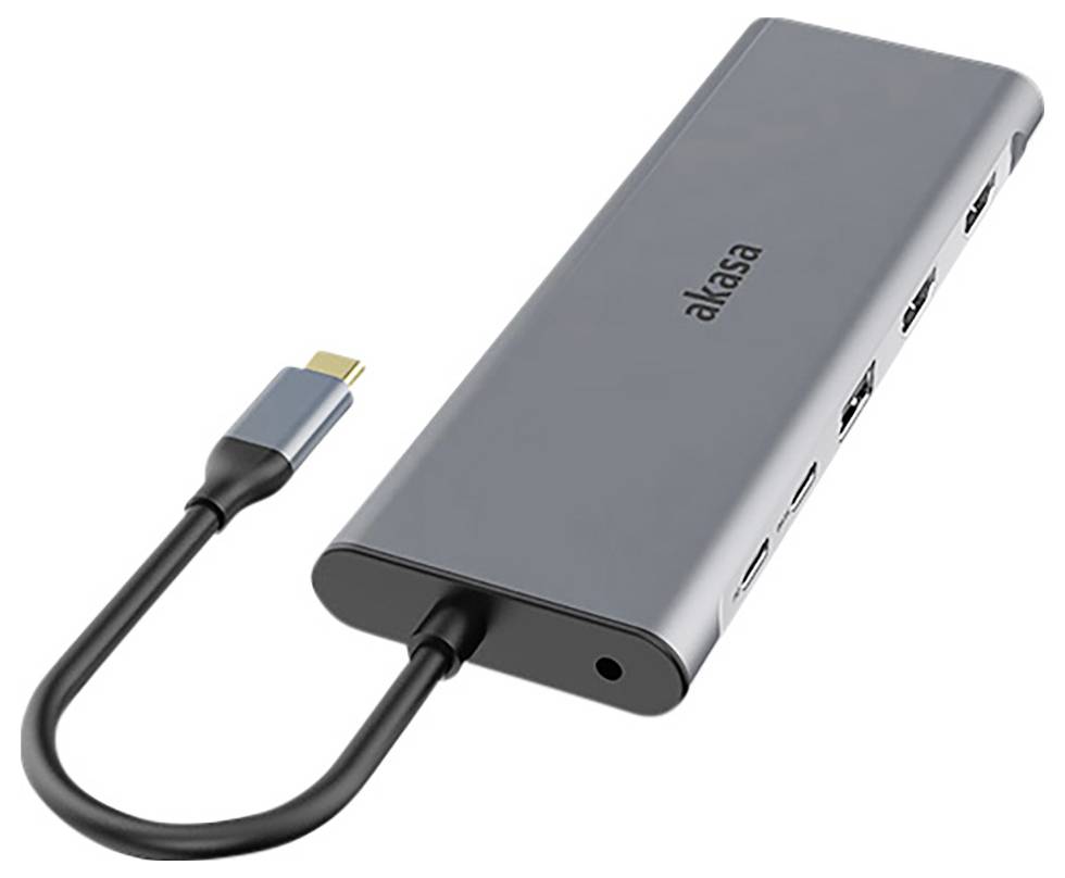 Šedý USB-C hub s několika porty, včetně HDMI, USB a Ethernetu. Název značky 'akasa' je zobrazen na horní straně zařízení.
