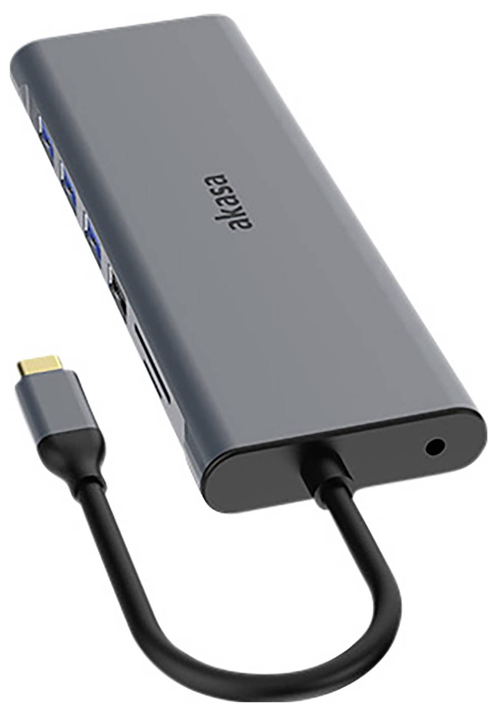 Šedý USB-C hub s několika porty a pevně připojeným kabelem. Název značky 'akasa' je viditelný na povrchu.