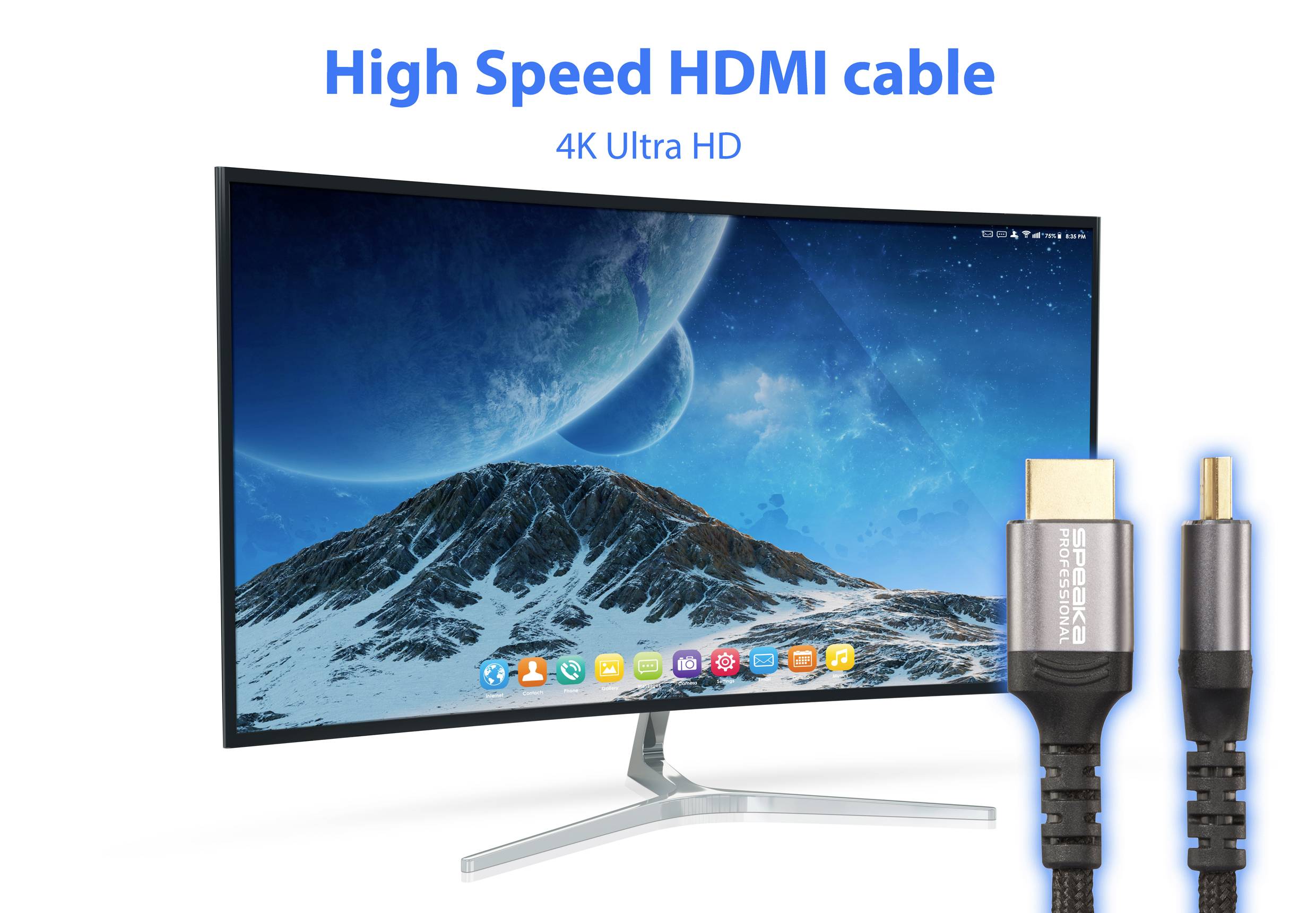 Zakřivený monitor zobrazuje scénu z vesmíru. Text nad ní: 'High Speed HDMI kabel 4K Ultra HD'. HDMI kabel je umístěn vedle monitoru.