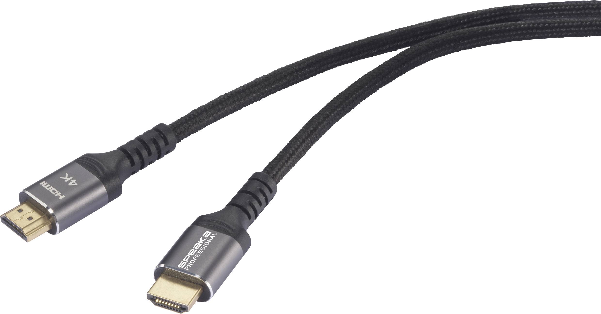 Černý HDMI kabel se dvěma konektory, vhodný pro rozlišení 4K.