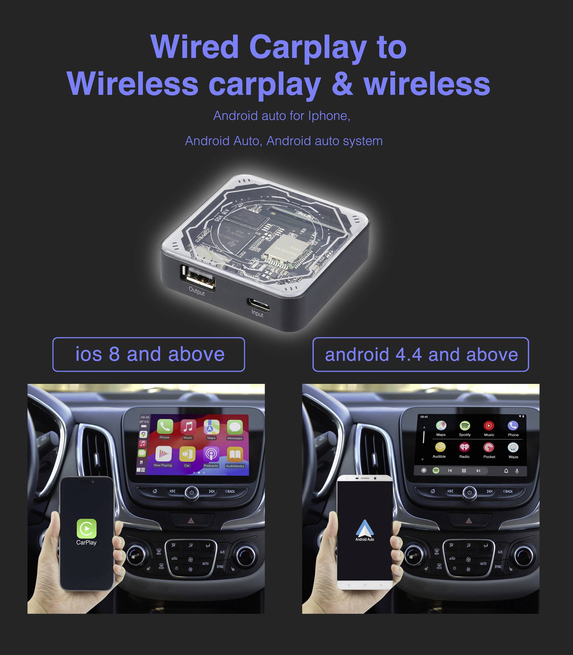 Převodník z drátového CarPlay na bezdrátové CarPlay a bezdrátový Android Auto. Kompatibilní s iOS 8 a vyššími verzemi a Android 4.4 a vyššími verzemi.