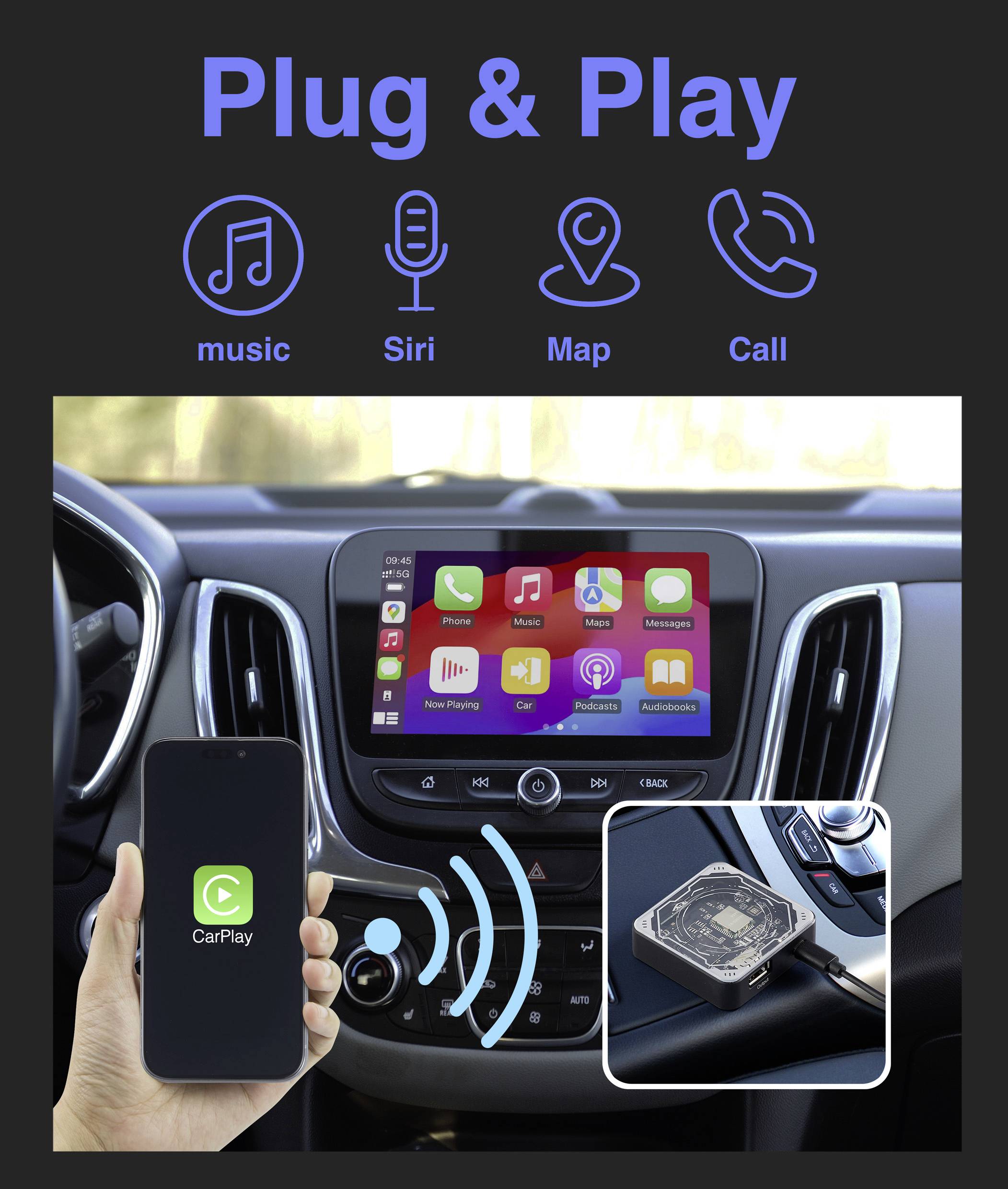 Palubní infotainment systém zobrazuje rozhraní s Apple CarPlay, hudbou, Siri, mapami a možnostmi volání vedle smartphonu s ikonou CarPlay.