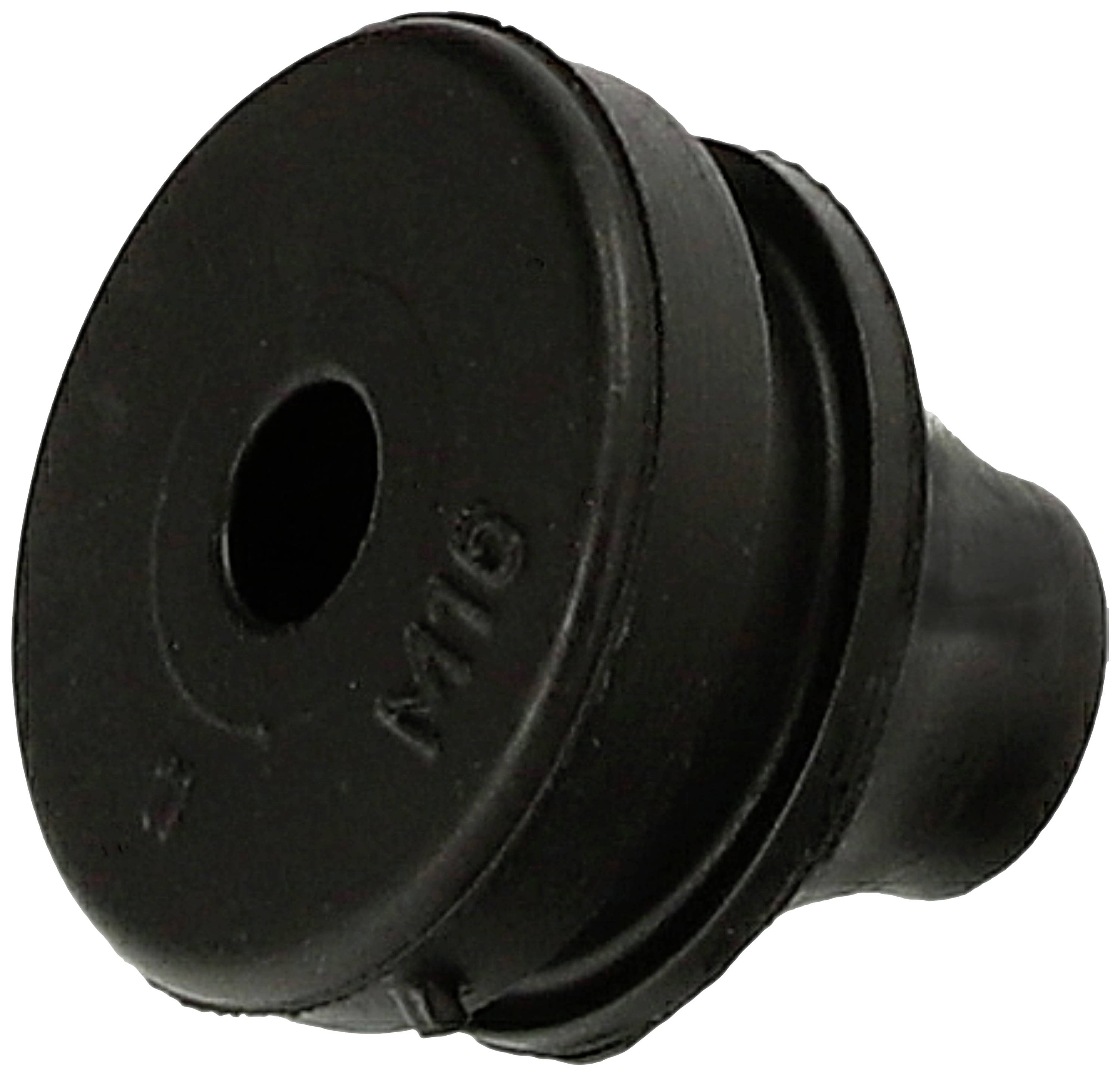 Černý gumový zátka s otvorem uprostřed, zobrazený z boku, vhodný pro průchod kabelů nebo těsnění.