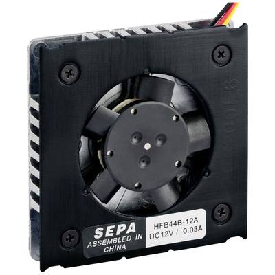 Černý SEPA ventilátor s nápisem "HFB44B-12A, DC12V, 0.03A, Vyrobeno v Číně". Elektronická součástka pro chlazení.