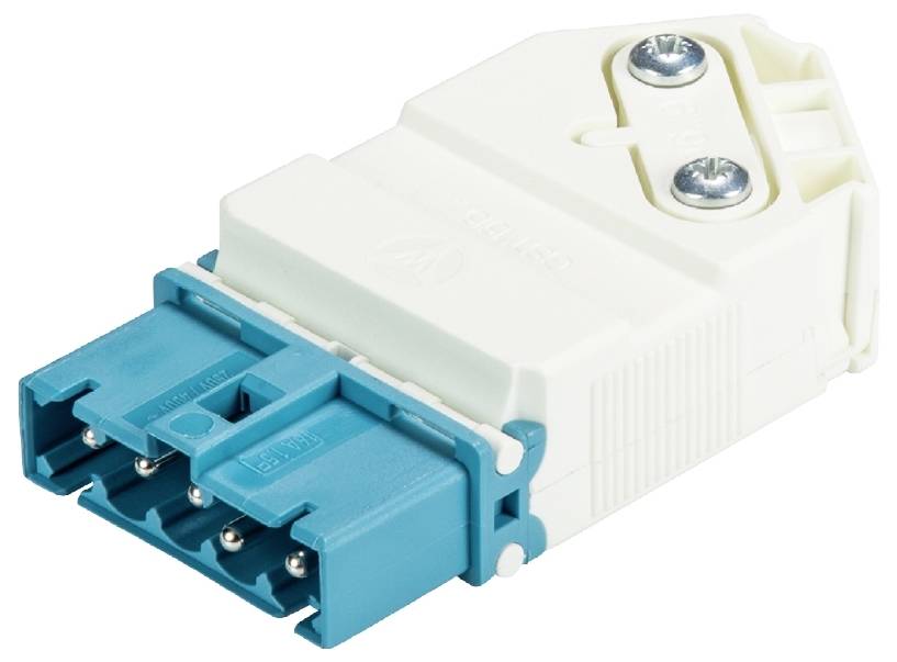 Bílostříbrný elektrický konektor se šroubovým uzávěrem, vhodný pro technické aplikace a propojení kabelů.