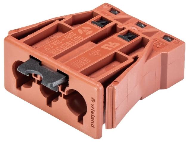 Červený elektrický konektor se dvěma zdířkami a černou pákou, označený technickými specifikacemi.