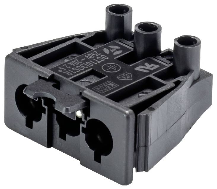 Obrázek zobrazuje černou plastovou víceportovou konektorovou součástku s elektrickými kontaktními symboly.