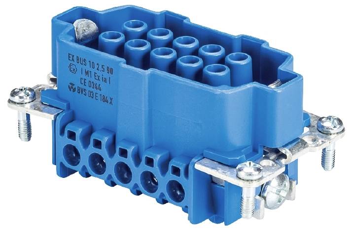 Modrý elektrický konektor s několika připojovacími místy a upevňovacími šrouby.