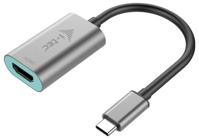 USB-C na HDMI adaptér s šedým tělem a černým kabelem. Umožňuje připojení zařízení s USB-C ke zobrazovačům kompatibilním s HDMI.