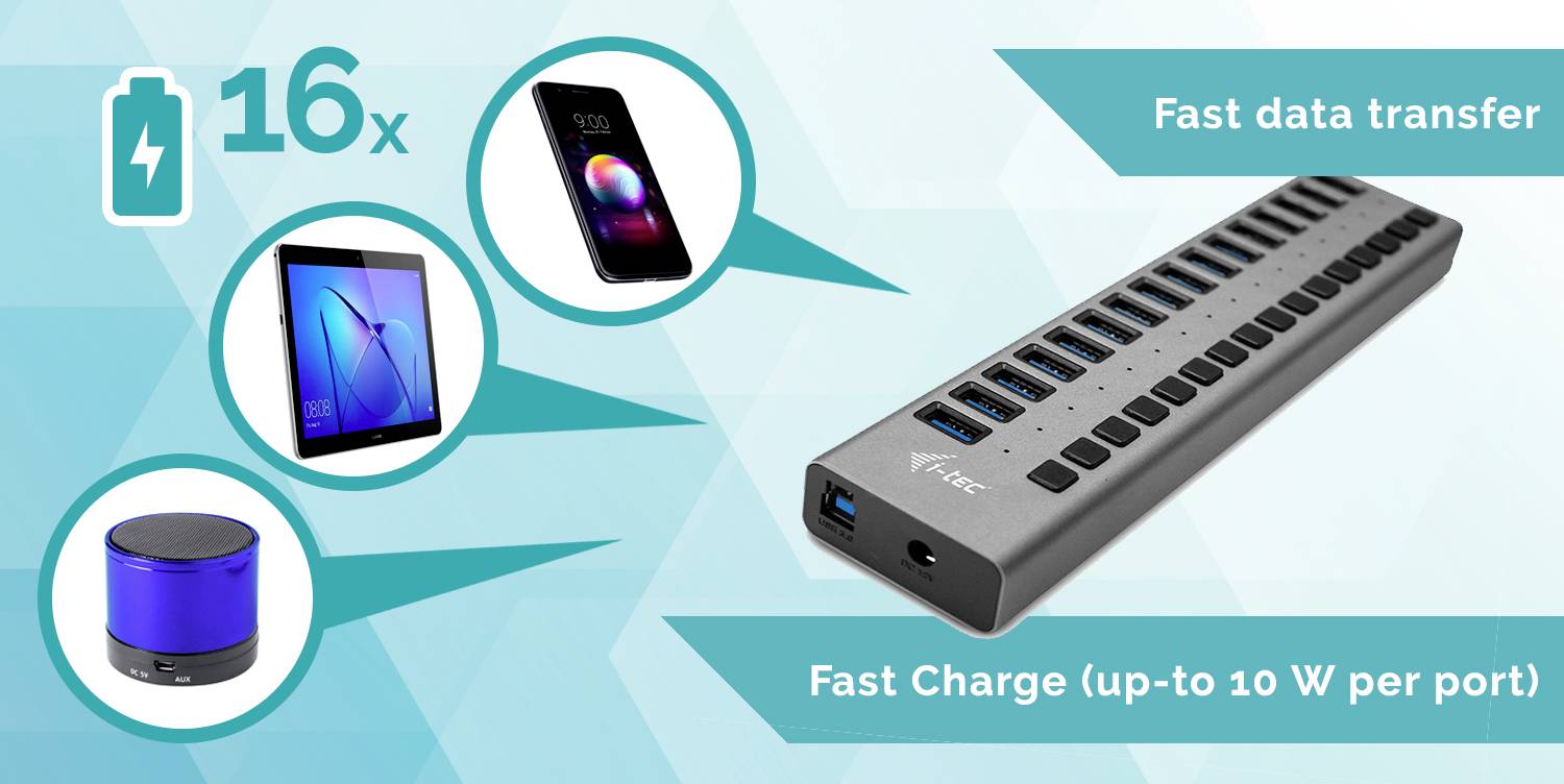 USB rozbočovač s 16 porty pro rychlé nabíjení. Vhodný pro smartphony, tablety a reproduktory. Podporuje přenos dat.