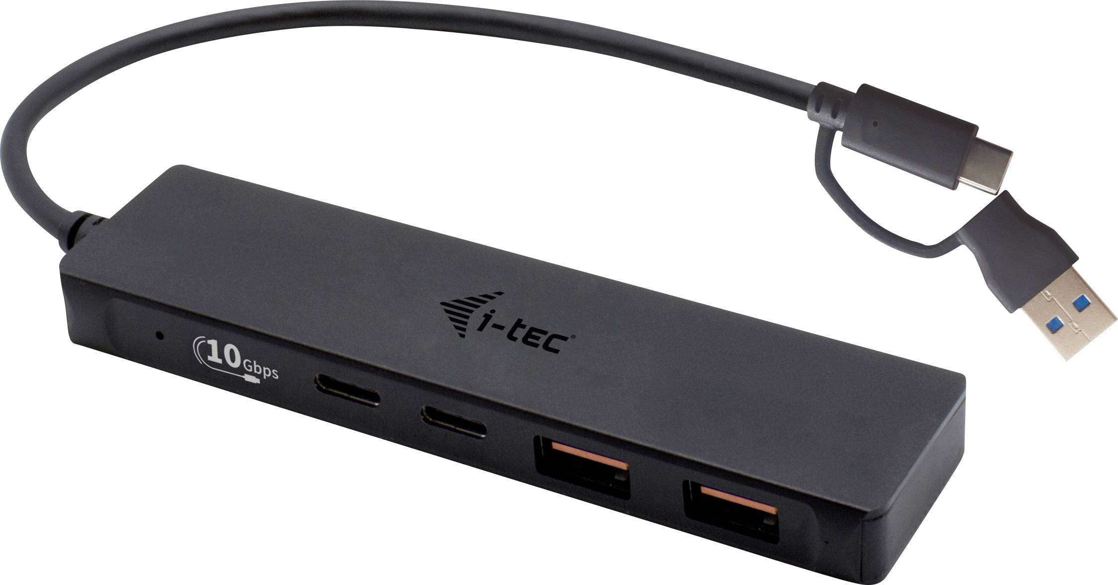 Černý USB hub se třemi USB porty a USB kabelem připojeným k zařízení. Značka: i-tec.