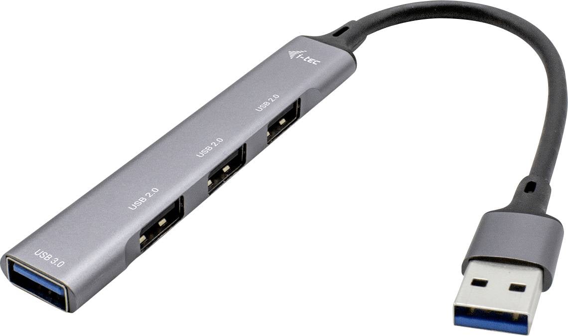 USB hub se čtyřmi porty: jeden port USB 3.0 a tři porty USB 2.0, propojené kabelem.