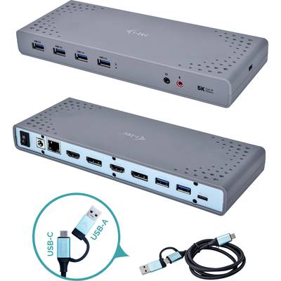Šedá USB dokovací stanice s více porty, včetně HDMI, USB-C, Ethernetu a zvuku. Součástí je také kabel s konektory USB-C a USB-A.