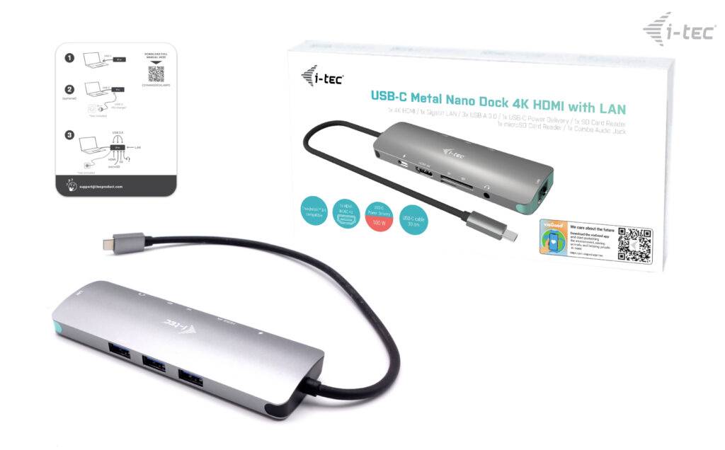 USB-C dokovací stanice s výstupem 4K HDMI a síťovým připojením. Obsahuje instalační diagram a QR kód s dalšími informacemi.