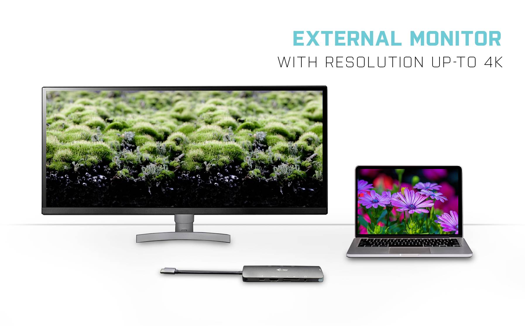 Externí monitor vedle notebooku, propojený adaptérem. Oba displeje zobrazují odlišné přírodní snímky. Text: "Externí monitor s rozlišením až 4K".