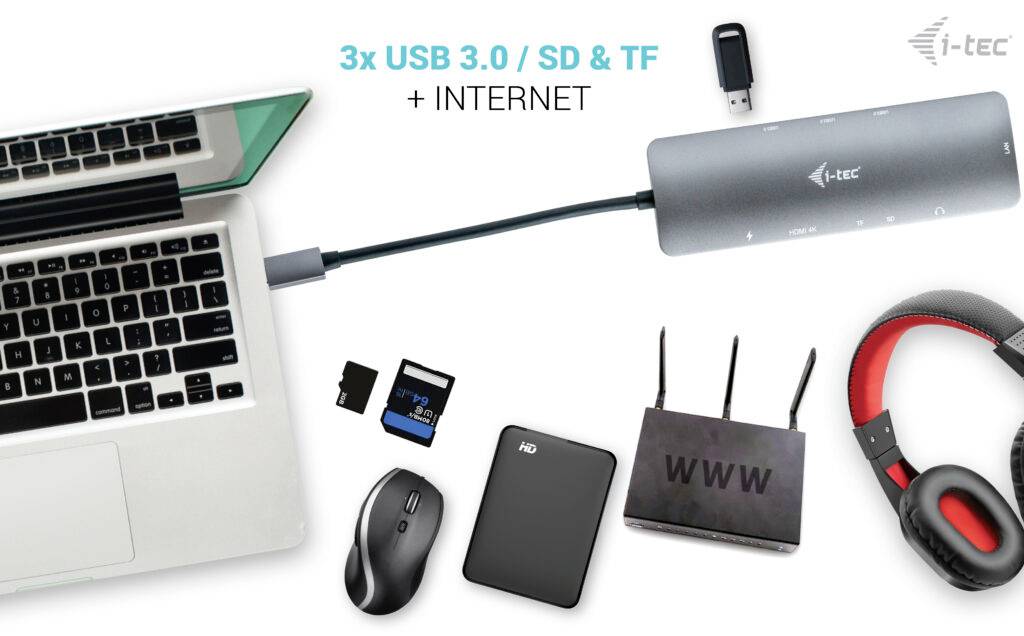 Laptop je připojen přes USB-C hub k několika zařízením: myši, pevnému disku, sluchátkám, SD kartě a internetovému routeru.