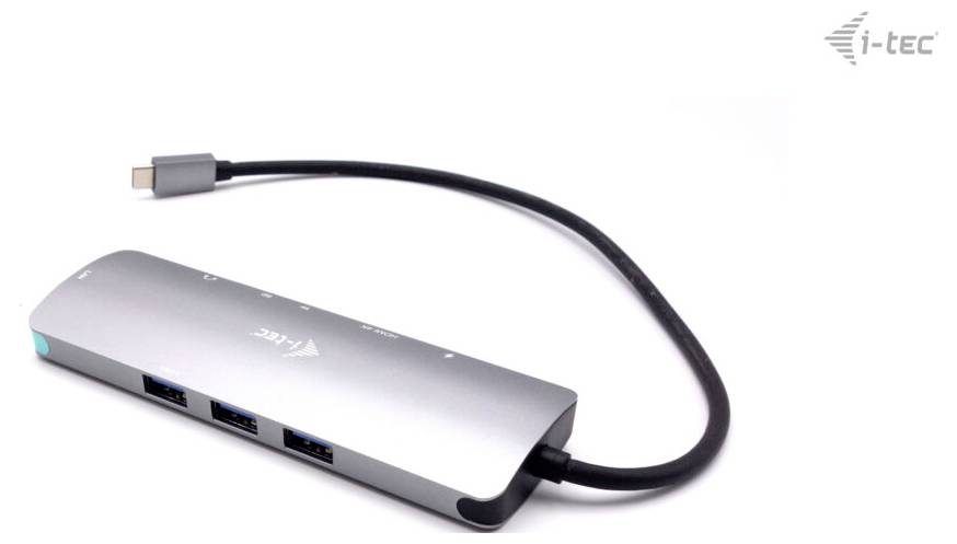 USB-C rozbočovač s více USB porty od i-tec, stříbrné šasi, dlouhý kabel, vhodný pro rozšířené připojení.