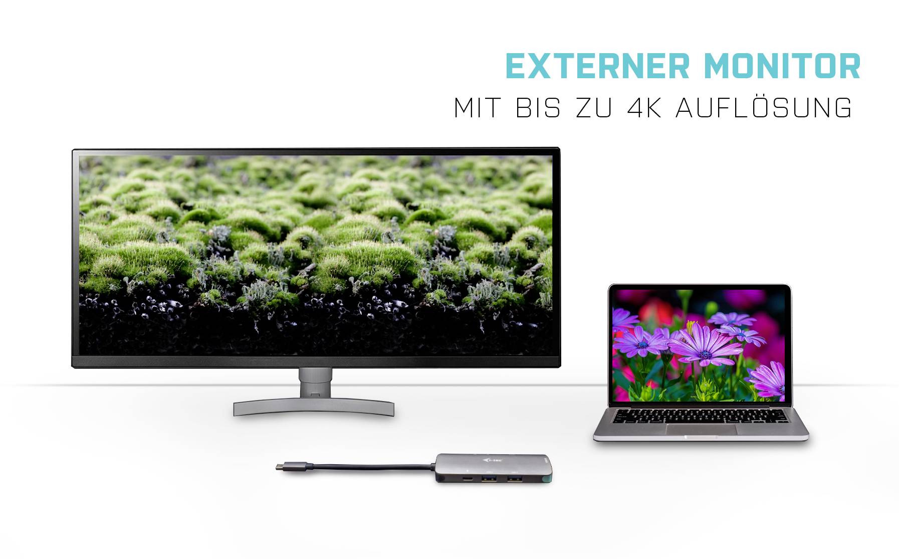 Externí monitor vedle notebooku, oba zobrazující obrázky rostlin. Text: 'Externí monitor s rozlišením až 4K'.