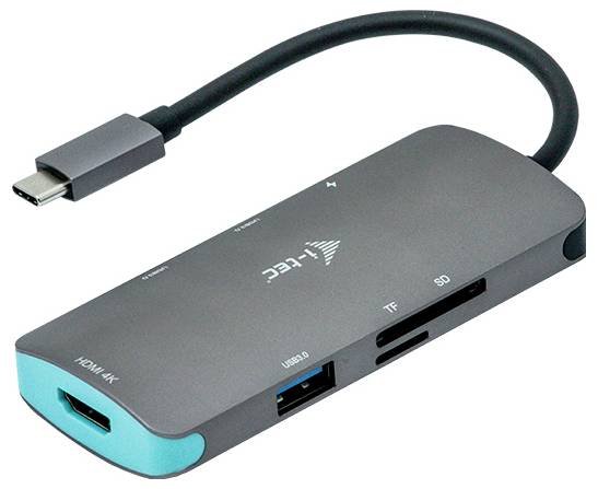 USB-C hub s několika porty, včetně HDMI, USB, TF a slotů na SD karty, v kompaktním designu.