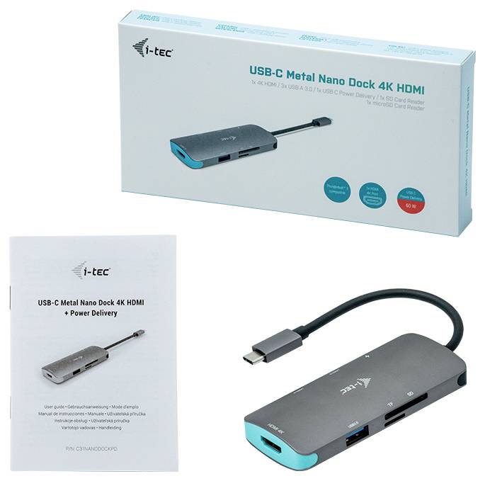 Adaptér USB-C kovový nano dock 4K HDMI na obrázku, v obalu, v brožuře a zařízení s několika porty, viditelný USB-C kabel.