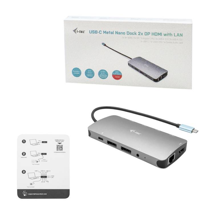 USB-C kovový nano dock se 2 DisplayPort, HDMI a LAN porty. Balení zobrazuje obrázek a technické parametry.