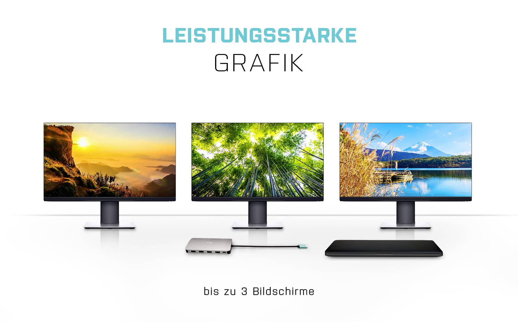 "Tři monitory s krajinnými obrazy, podporované adaptérem, propojené s laptopem. Text: "Výkonná grafika až pro 3 obrazovky"."