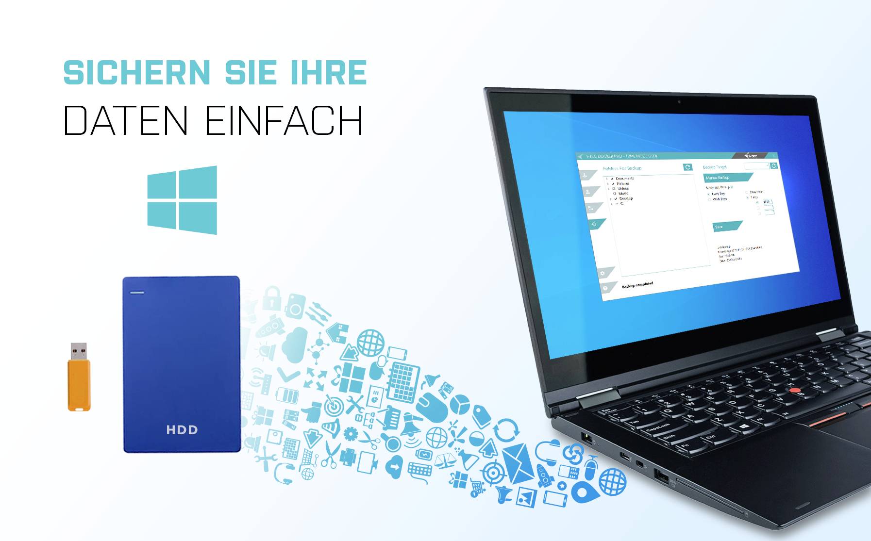 Laptop s otevřeným zálohovacím programem, USB flash diskem a externím pevným diskem. Text: "Zálohujte své data snadno". Symboly pro zálohování dat.