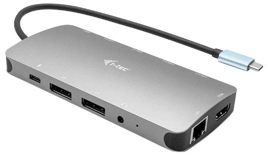 Stříbrný USB-C dokovací adaptér s více porty, včetně HDMI, ethernetového připojení a USB portů, doplněný audiovisuálními symboly.